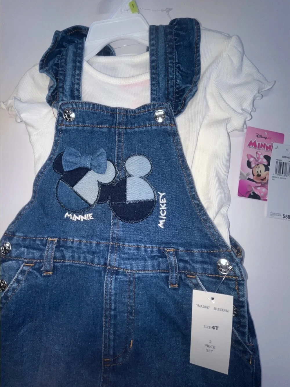 Disney Blue Denim Minnie Mickey Overalls Bodysuit Set
